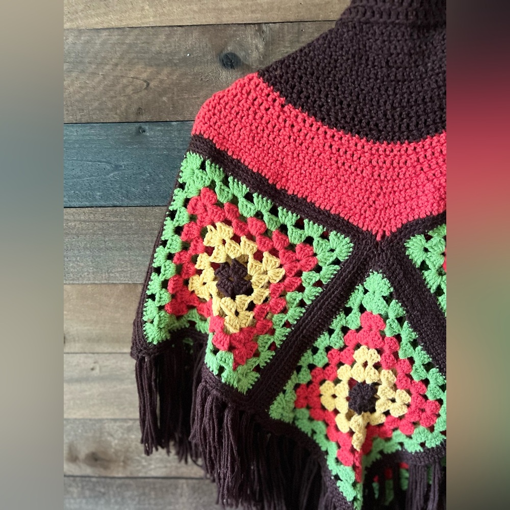Vintage Handmade Crochet Granny Square Poncho with Fringe - Picture 7 of 8